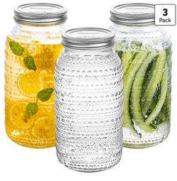 Set of 3 Hobnail Glass Mason Jars with Lids