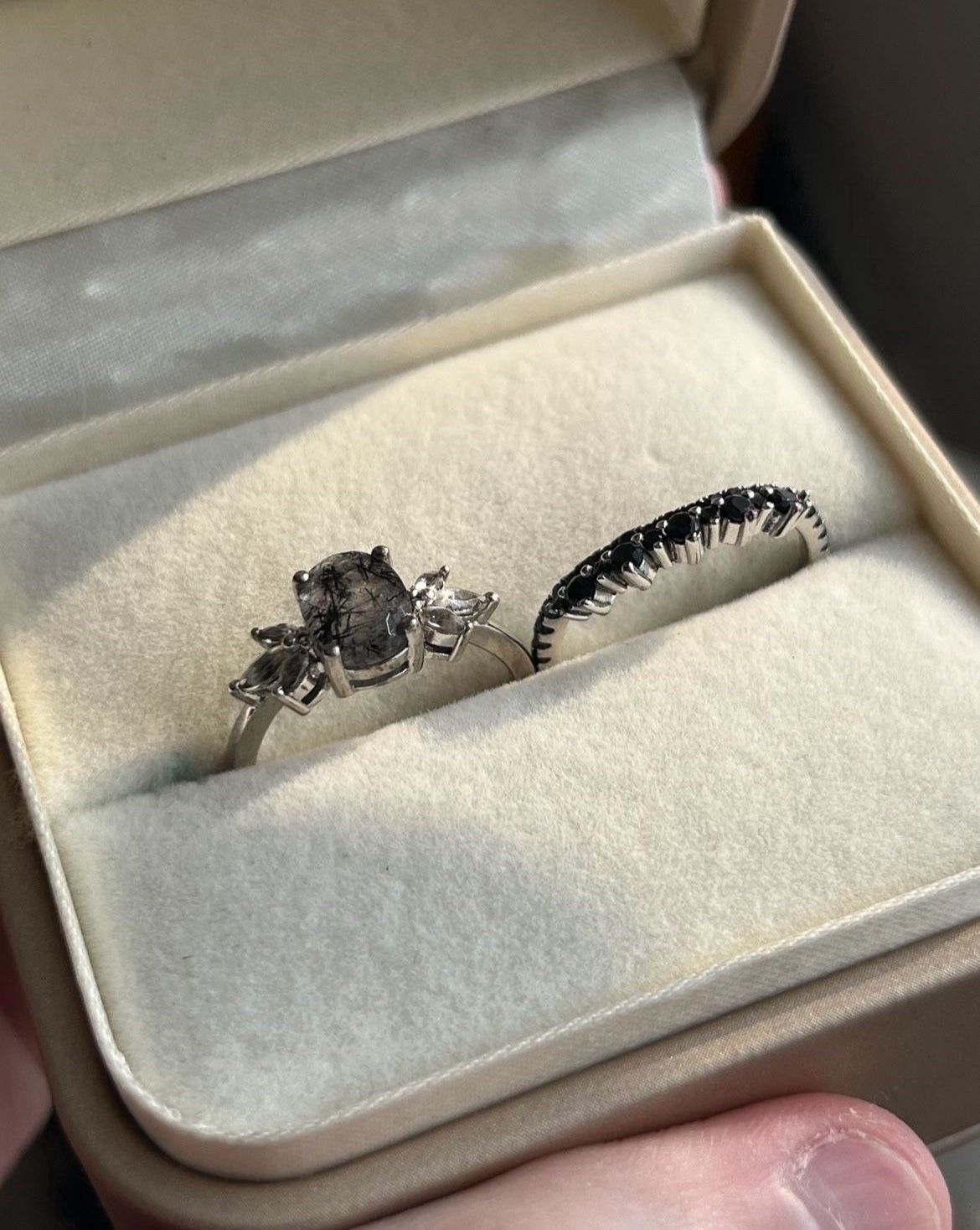 Smoky Rutilated Quartz and Onyx Engagement Ring Set