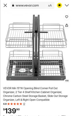 VEVOR Min 15"W Opening Blind Corner Pull Out Organizer, 2 Tier 4 Shelf Kitchen Cabinet Organizer, Chrome Carbon Steel Storage Basket, Slide Out Storag
