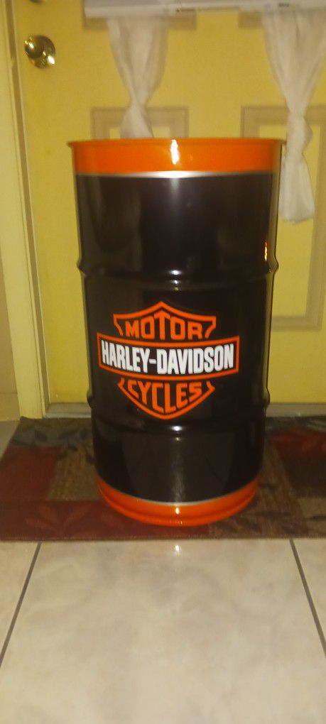 Heavy Duty, Solid Steel, Authentic Harley-Davidson Trash Can With Round Glass Top So It Can Be Used As A Lamp Table Or End Table