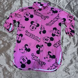Disney Mickey Minnie Mouse Women’s shirt size Large Pink button down collard cuf