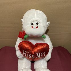 Valentine Kiss Me Plush Toy Monkey With Rose, Large Plush Toy w/White & Red Heart