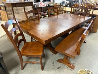 Solid Wood Rustic Trestle Extension Table w/ Dining Bench & 4 Ladderback Chairs