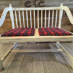 Rustic Farmhouse Bench w/ Plaid Cushions 
