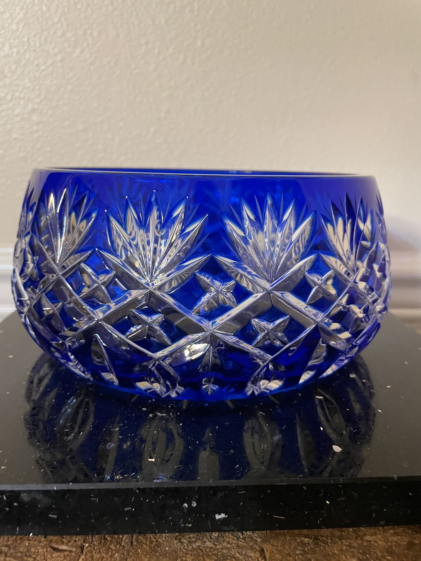 Vintage Czech Bohemian Cobalt Blue Cut to Clear Crystal Glass Bowl 4”x 7”