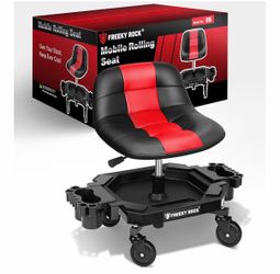 Rolling Stool with Wheels, Adjustable Height Pneumatic Garage Work Mechanic Stool Seat with Backrest, 400 LBS Capacity 360° Swivel Mechanic Crepper Ch