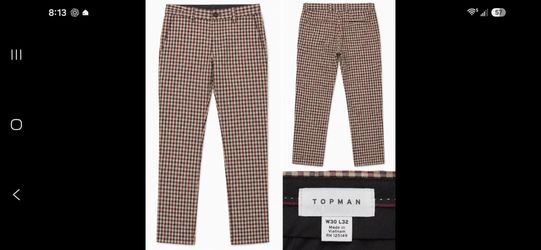 Topman Men’s Burgundy Plaid Slim Trousers W30 L32