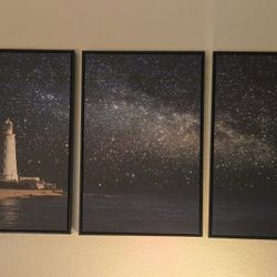 Lighthouse At Night Three Panel Canvases