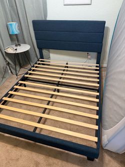 Queen Navy Blue Upholstered Platform Bed Frame