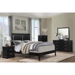 Brand New Black Padded Queen Bedframe + Dresser + Mirror + Nightstand 4PCs Set