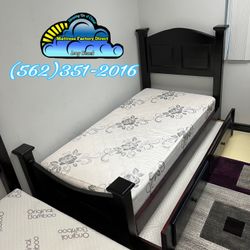 Twin Wooden Bedframe With Mattress Colchon Cama Trundle New 