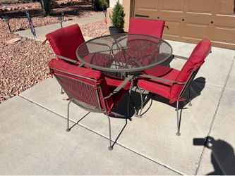 5 piece patio furniture dining round table armchair seats heavy duty wrought iron metal