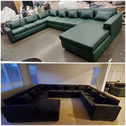 New 10ft X14ft X6ft Green LEATHER  And 5x10ft X13ftx10ft U SECTIONAL COUCHES  VELVET BLACK FABRIC U Sofas ,couch  3pcs And 4pc