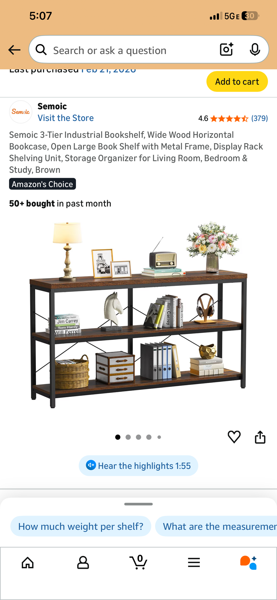Semoic 3-Tier Industrial Bookshelf, Wide Wood Horizontal Bookcase, Open Large Book Shelf with Metal Frame