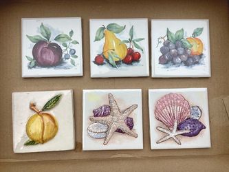 6 NEW (Old Stock 4.25” x 4.25” Square Ceramic Tiles Seashell & Fruit Designs Banan Accents Hand-Painted