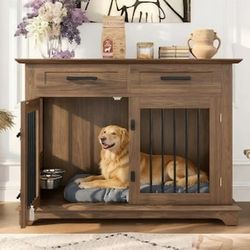 45” Large Wooden Dog Crate / Kennel w/ Dog Bowl Access & 2- Drawers for Storage [NEW]  **Assembly Req