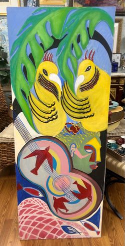 featuring two yellow birds under large green leaves, a stylized face, and a guitar shape filled with red birds and fish