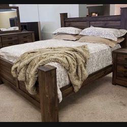 Brand New ✨ Panel Headboard , Dresser With Mirror, Chest 👉 7 Piece Queen Size Juararo Brown Bedroom Set 🟤 Financing Options 👍