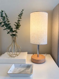 Bedside Table Lamp with 2 USB Charging Ports - Linen Shade, Wood Base