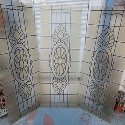 3 Antique Etched Glass Window Panels 15 3/4 "x 41 1/2"