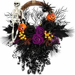 16” Halloween Wreath – Gothic Skull & Pumpkin Front Door Decor
