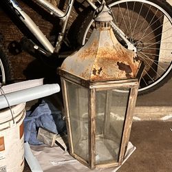 Old Lantern Lamp Glass Wood Antique 