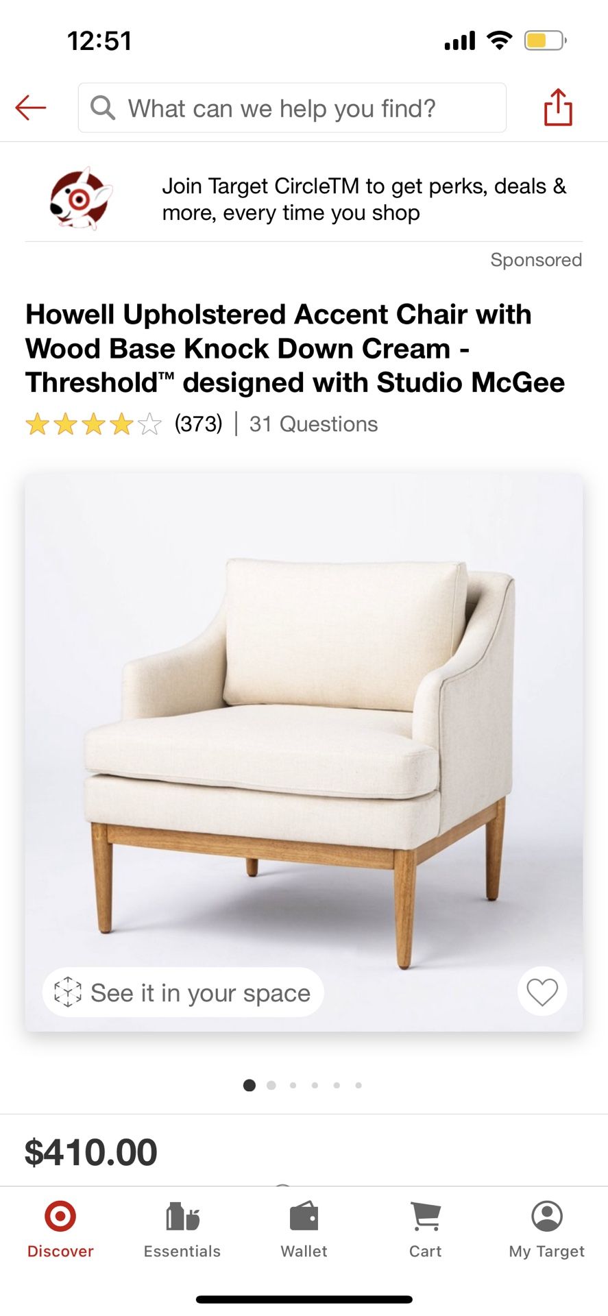 Howell Upholstered Accent Chair with Wood Base Knock Down Cream- Threshold designed with Studio McGee