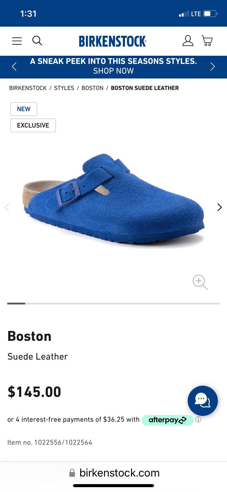 Birkenstock, Boston Blue Suede Leather, Size 10M