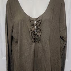 Level Eight Sz XL Olive Top Shirt Blouse T-Shirt With Ruffle Detail Long Sleeve