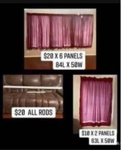 WINE CURTAIN PANELS & RODS - $115 FOR ALL 8 CURTAIN PANALS & ALL RODS.