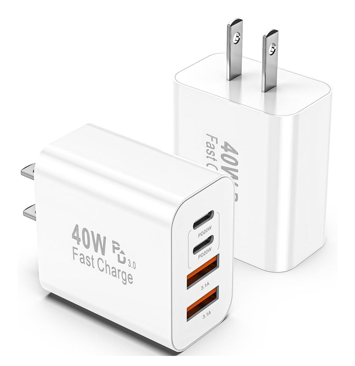 USB C Charger Block, 2 Pack 40W 4-Port iPhone Charger Fast Charging Multiport PD 3.0 & QC 4.0 Double Quick Charge, Compatible with iPhone 16/15/14/13/
