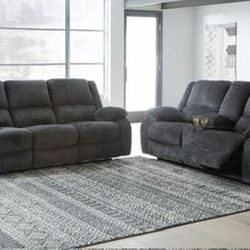 New Ashley Brand Dark Blue Reclining Sofa And Love Seat Couch Set 