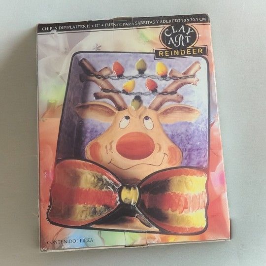 2001 Clay Art Reindeer Chip Dip Platter 2001 Hand Painted Stonelite  