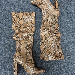 Women’s Snakeskin Print Slouch Boots – Pointed Toe, Block Heel