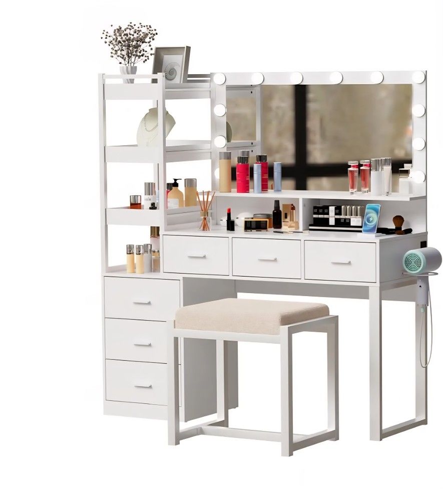 PAKASEPT Makeup Vanity Desk with Mirror and Lights, Vanity Desk with Charging Station