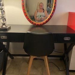Wood Vanity, Mirror And Chair 