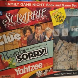 4 Games In 1 Family Game Night Book & Game Set Scrabble, Clue, Sorry, Yahtzee