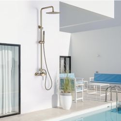 RBROHANT Outdoor Shower, Wall Mount Outdoor Shower Kit, Outside Shower Faucet with Height Adjustable Rain Shower Head and Handheld, Exposed Shower for