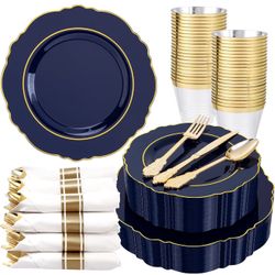 350PCS Navy Blue Plastic Patriotic Plates-Disposable Blue Gold Plates 50guest 