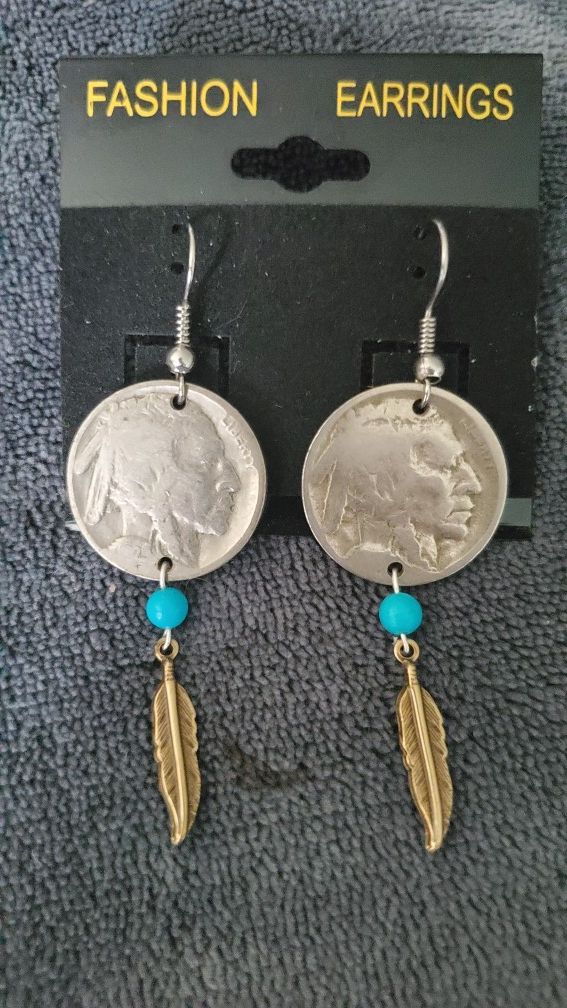 1 pair Buffalo nickel earrings with real turquoise and "antique brass" feathers