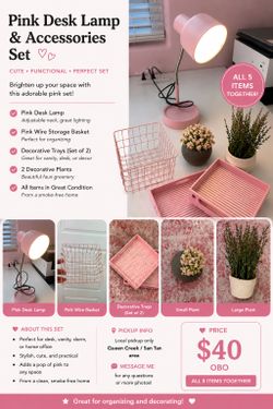 Pink Desk Decor Bundle – Lamp, Trays, Basket & Faux Plants