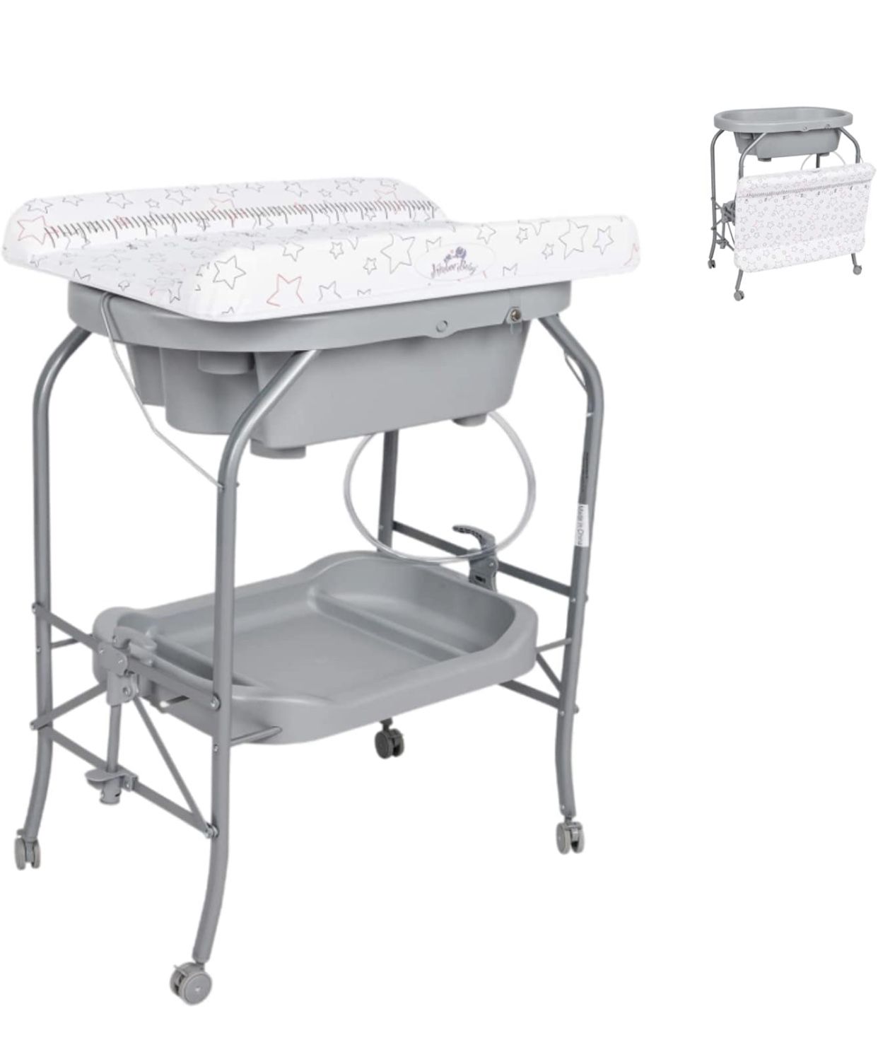 Kinbor Baby Bathinette Folding Changing Table Baby Diaper Station with Bath Tub Unit, Portable Children Baby Dresser Unit Infant Nursery Trays Storage