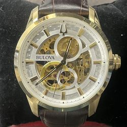 Bulova Men’s Classic Sutton Automatic Skeleton Brown Leather Watch 97A138