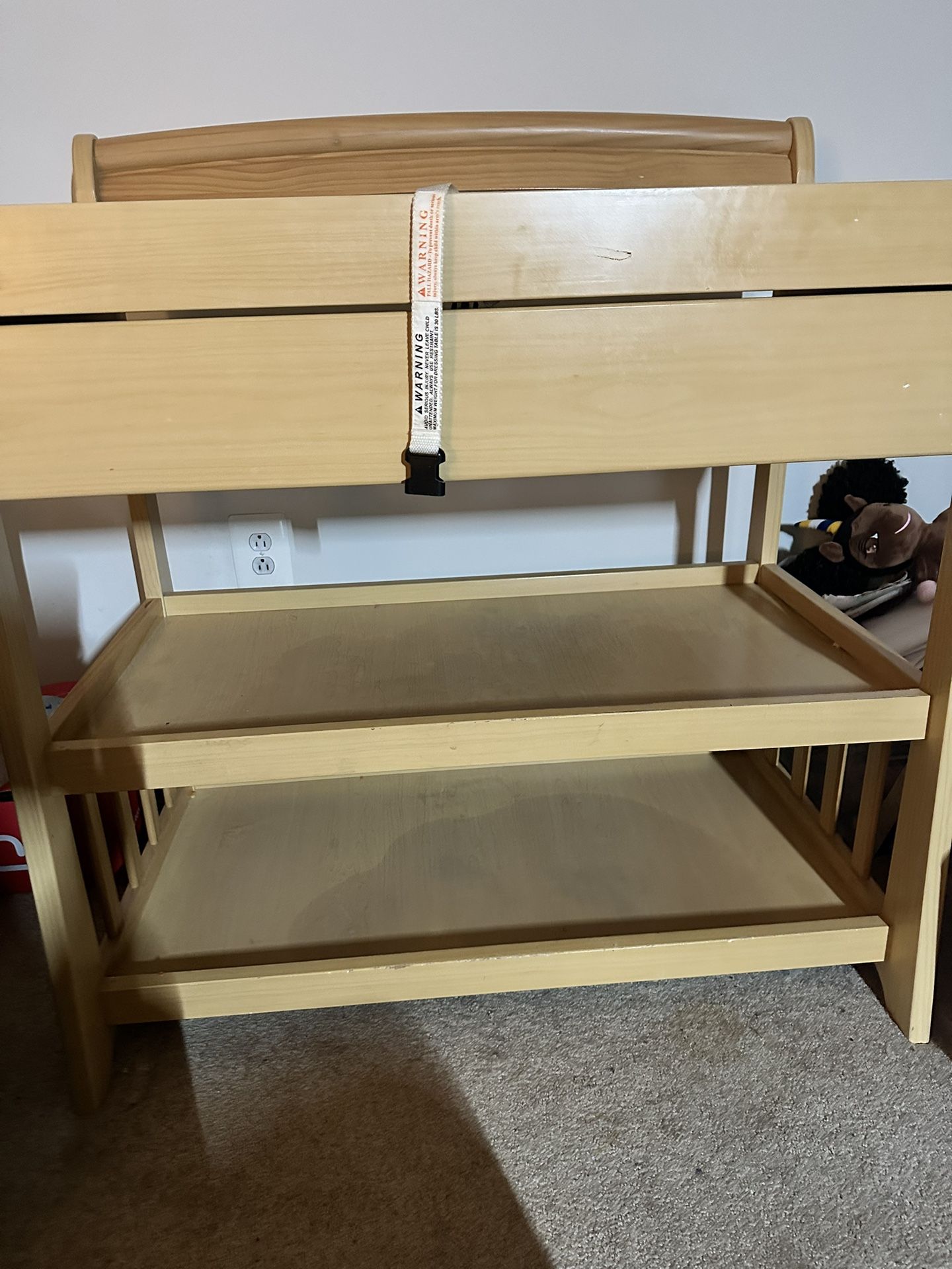 Wooden Changing Table With 2 Shelves And A Pullout Drawer