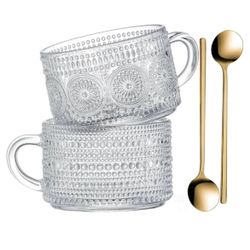 Vintage Glass Coffee Mugs 14 Oz Set of 2 Clear Embossed Tea Cups,.    (AD)