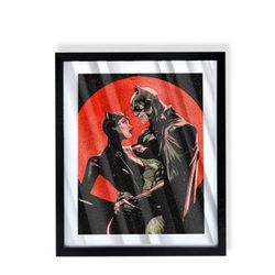 Batman and Catwoman in love under red moon art piece on black frame