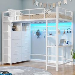 Twin Loft Bed with Desk & 8 Storage Drawers Tall Dresser, White Metal Loft Bed with LED Lights & Charging Station, 2-Tier Storage Shelves, Stable & St