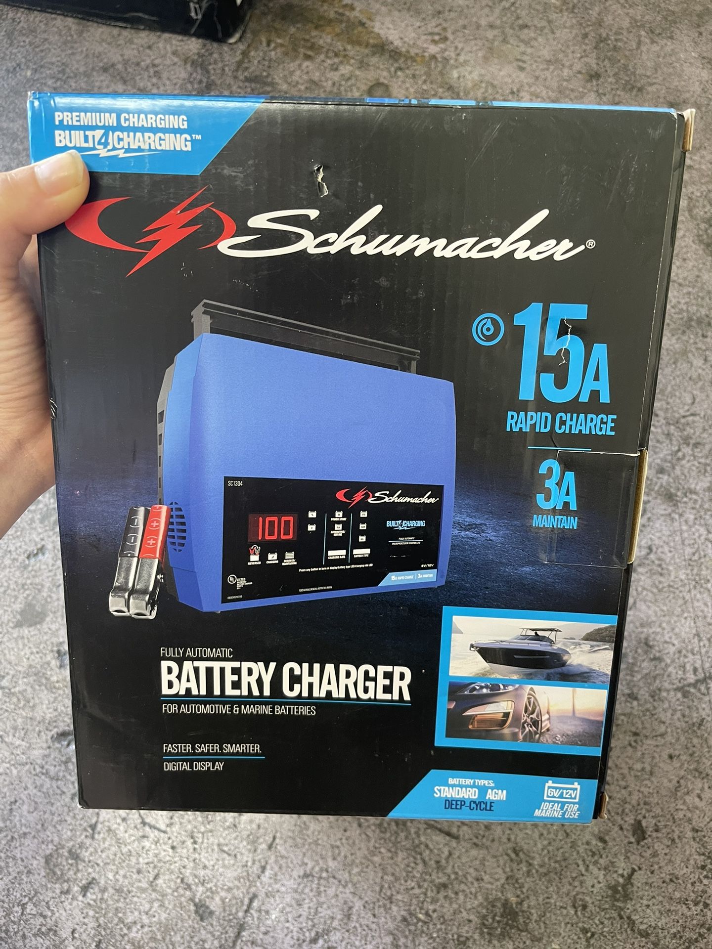 Schumacher SC1304 Fully Automatic Battery Charger Maintainer, and Auto Desulfator with Battery Detection - 15 Amp/3 Amp, 6V/12V - For Cars. Brand New