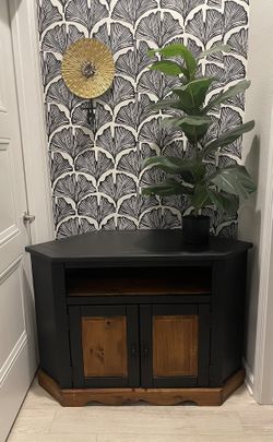 Modern Corner TV Stand / Accent Cabinet — Black + Wood Stain Finish