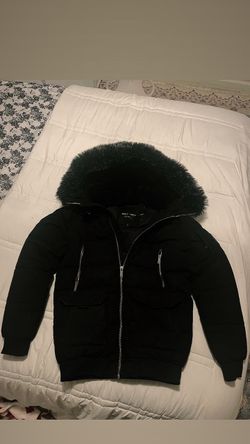Black Puffer Bomber Jacket with Fur Hood